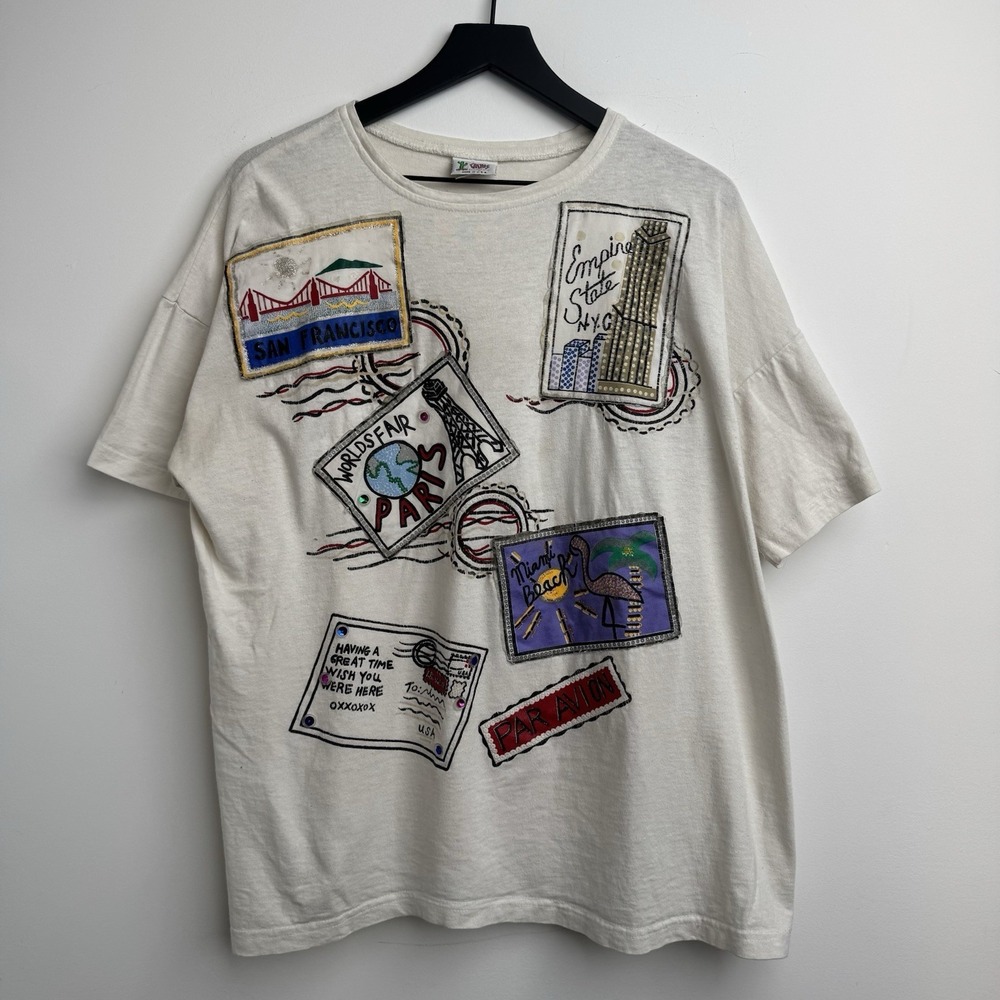 VTG Cactus California Shirt Mens L White Travel Postcard Patch USA Made 90s 80s